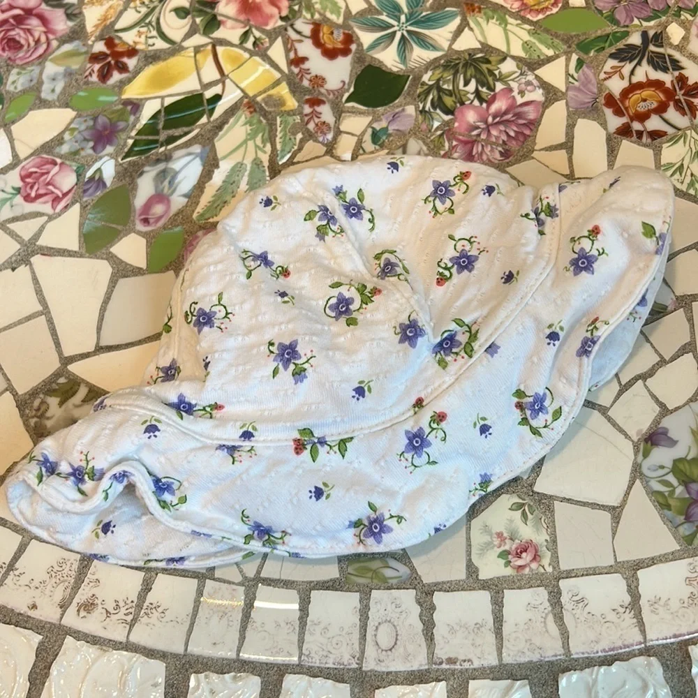 Floral berry print ruffle, brim, cotton, baby girl, sun hat, six months